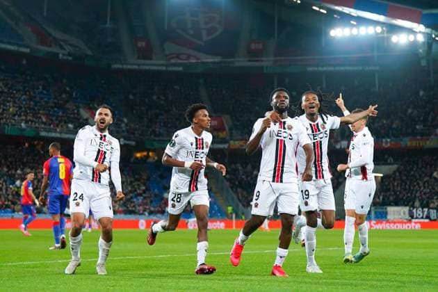 13.04.2023, Basel, St. Jakobs-Park, Switzerland, UEFA Europa Conference League: FC Basel - OGC Nice, 9 Terem Moffi (Nice) celebrates after scoring his team s first goal with teammates Basel St. Jakobs-Park Basel Switzerland Copyright: xJustPictures.ch DanielaxPorcellix