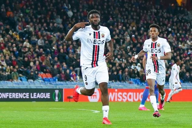 13.04.2023, Basel, St. Jakobs-Park, Switzerland, UEFA Europa Conference League: FC Basel - OGC Nice, 9 Terem Moffi (Nice) celebrates after scoring a goal Basel St. Jakobs-Park Basel Switzerland Copyright: xJustPictures.ch DanielaxPorcellix