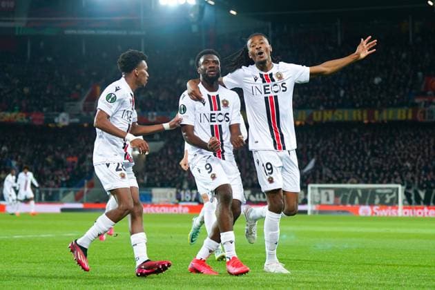 Sport Bilder des Tages 13.04.2023, Basel, St. Jakobs-Park, Switzerland, UEFA Europa Conference League: FC Basel - OGC Nice, 9 Terem Moffi (Nice) celebrates with teammates after scoring a goal Basel St. Jakobs-Park Basel Switzerland Copyright: xJustPictures.ch DanielaxPorcellix