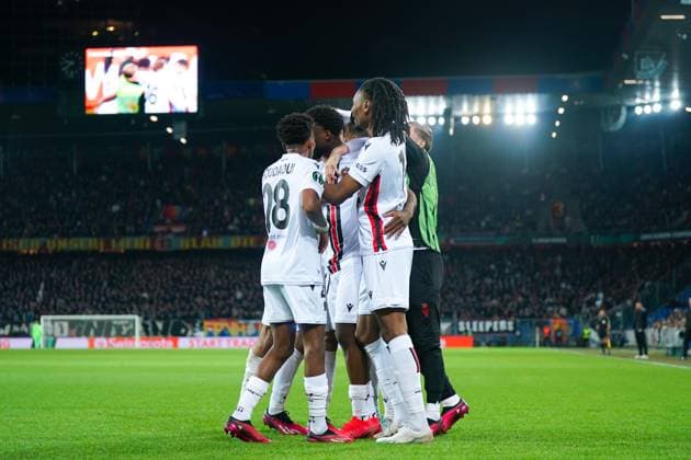 13.04.2023, Basel, St. Jakobs-Park, Switzerland, UEFA Europa Conference League: FC Basel - OGC Nice, 9 Terem Moffi (Nice) celebrates with teammates after scoring a goal Basel St. Jakobs-Park Basel Switzerland Copyright: xJustPictures.ch DanielaxPorcellix