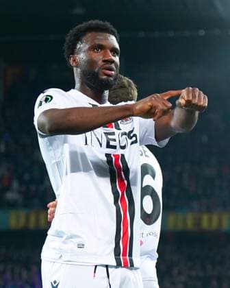 13.04.2023, Basel, St. Jakobs-Park, Switzerland, UEFA Europa Conference League: FC Basel - OGC Nice, 9 Terem Moffi (Nice) celebrates after scoring a goal Basel St. Jakobs-Park Basel Switzerland Copyright: xJustPictures.ch DanielaxPorcellix