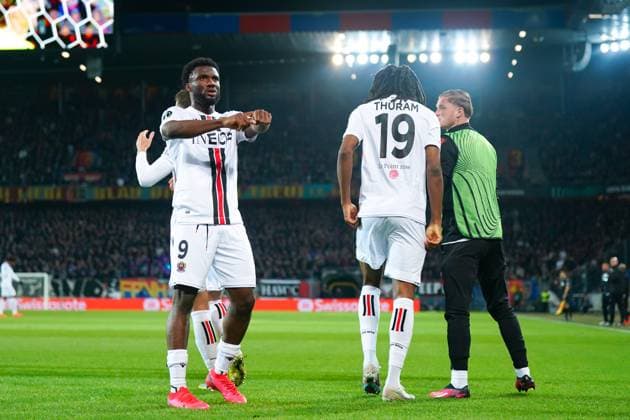 13.04.2023, Basel, St. Jakobs-Park, Switzerland, UEFA Europa Conference League: FC Basel - OGC Nice, 9 Terem Moffi (Nice) celebrates with teammates after scoring a goal Basel St. Jakobs-Park Basel Switzerland Copyright: xJustPictures.ch DanielaxPorcellix
