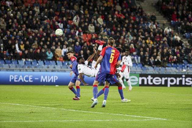 Terem Moffi 9 but FOOTBALL : FC Basel vs OGC Nice - UEFA Europa Conference League quarter-final- 13 04 2023 -St. Jakob b-Park Basel ElyxandroCegarra Panoramic 