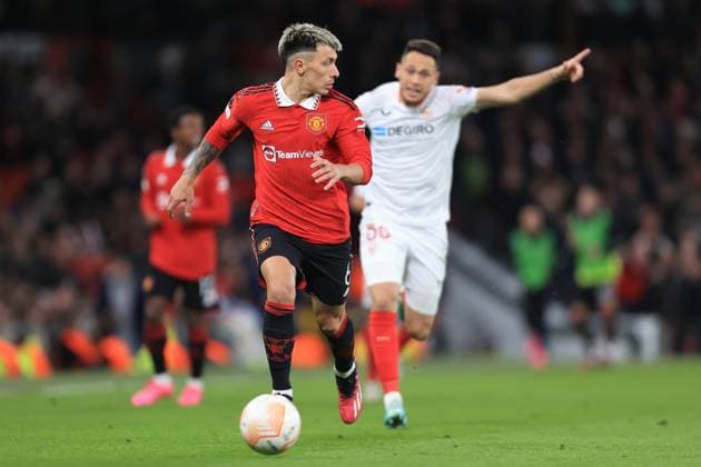 Football - UEFA Europa League - Quarter Final (1st Leg) - Manchester United, ManU v Sevilla 13th April 2023 - UEFA Europa League - Quarter Final (1st Leg) - Manchester United v Sevilla - Lisandro Martinez of Manchester United - Photo: Simon Stacpoole Offside. Manchester UK Copyright: xSimonxStacpoolexOffside