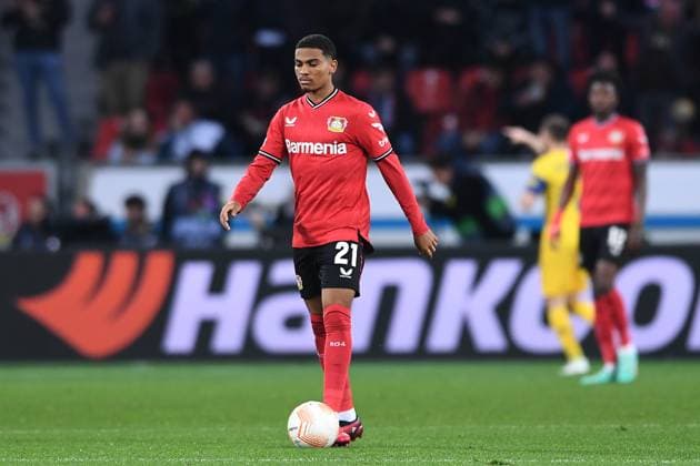 Fußball Europa League Viertelfinale Bayer 04 Leverkusen - Union Saint-Gilloise am 13.04.2023 in der BayArena in Leverkusen Amine Adli ( Leverkusen ) enttäuscht nach Torschuss Tor zum 0:1 durch Victor Boniface ( Saint-Gilloise )