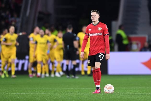 Fußball Europa League Viertelfinale Bayer 04 Leverkusen - Union Saint-Gilloise am 13.04.2023 in der BayArena in Leverkusen Florian Wirtz ( Leverkusen ) enttäuscht nach Torschuss Tor zum 0:1 durch Victor Boniface ( Saint-Gilloise )