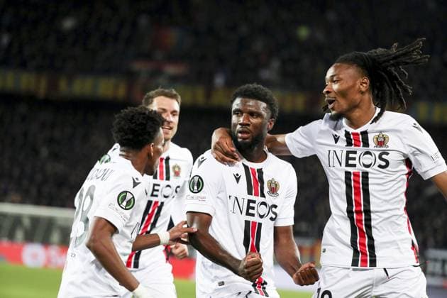 Joie des joueurs de l equipe Nice apres le but de Terem Moffi 9 FOOTBALL : FC Basel vs OGC Nice - UEFA Europa Conference League quarter-final- 13 04 2023 -St. Jakob b-Park Basel ElyxandroCegarra Panoramic 