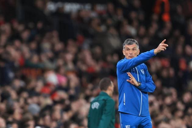 Football - UEFA Europa League - Quarter Final (1st Leg) - Manchester United, ManU v Sevilla 13th April 2023 - UEFA Europa League - Quarter Final (1st Leg) - Manchester United v Sevilla - Sevilla coach Jose Luis Mendilibar - Photo: Simon Stacpoole Offside. Manchester UK Copyright: xSimonxStacpoolexOffside