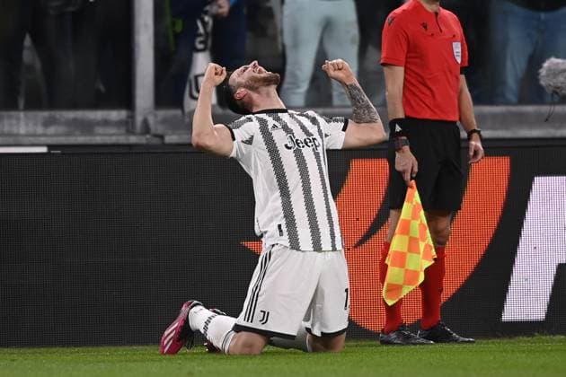 Foto Fabio Ferrari LaPresse 13 Aprile 2023 - Torino, Italia - calcio - Juventus vs Sporting Lisbona - UEFA Europa League - quarti di finale -1 2 - Juventus Stadium. Nella foto: Federico Gatti (Juventus F.C.) esultanza per il goal del 1-0 April 13, 2023 Turin, Italy - sport, calcio - Juventus vs Sporting Lisbona - UEFA Europa League - quarter to finals-1 2- Juventus Stadium. In the pic: Federico Gatti (Juventus F.C.) celebration after scornig 1-0  Copyright: xFabioxFerrari LaPressex