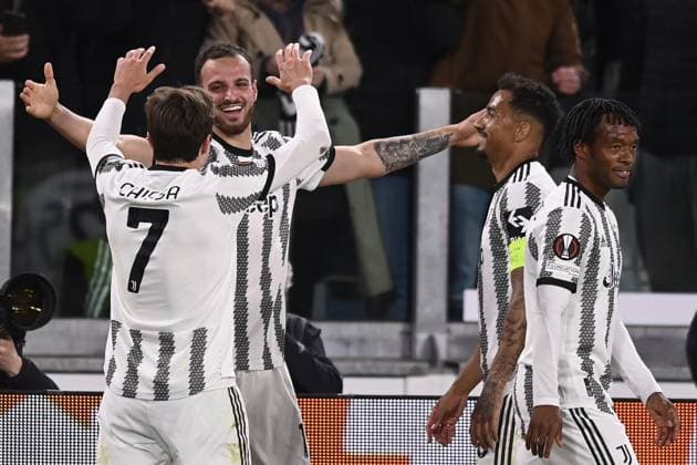 Foto Fabio Ferrari LaPresse 13 Aprile 2023 - Torino, Italia - calcio - Juventus vs Sporting Lisbona - UEFA Europa League - quarti di finale -1 2 - Juventus Stadium. Nella foto: Federico Gatti (Juventus F.C.) esultanza per il goal del 1-0 April 13, 2023 Turin, Italy - sport, calcio - Juventus vs Sporting Lisbona - UEFA Europa League - quarter to finals-1 2- Juventus Stadium. In the pic: Federico Gatti (Juventus F.C.) celebration after scornig 1-0  Copyright: xFabioxFerrari LaPressex