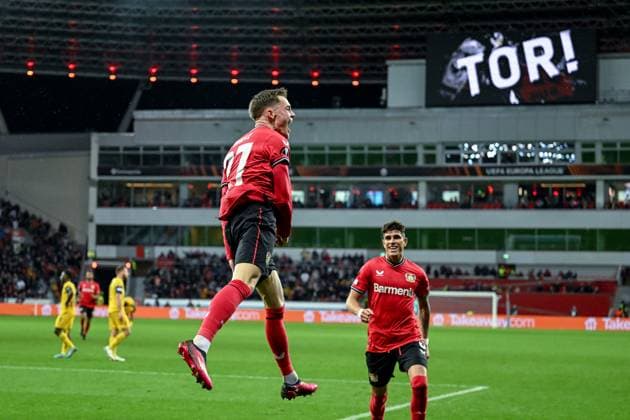 GER, Europa League, Bayer Leverkusen - Union Saint-Giloise 13.04.2023, BayArena , Leverkusen , GER, Europa League, Bayer Leverkusen - Union Saint-Giloise im Bild picture shows Florian Wirtz (Bayer Leverkusen 27) jubelt nach seinem Tor zum 1:1.