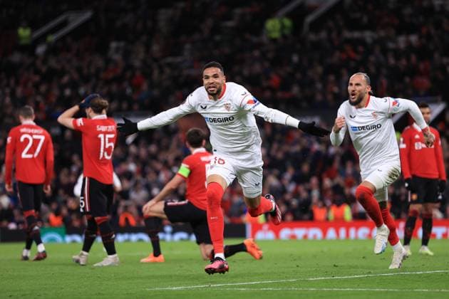 Football - UEFA Europa League - Quarter Final (1st Leg) - Manchester United, ManU v Sevilla 13th April 2023 - UEFA Europa League - Quarter Final (1st Leg) - Manchester United v Sevilla - Yousseff En-Nesyri of Sevilla - Photo: Simon Stacpoole Offside. Manchester UK Copyright: xSimonxStacpoolexOffside