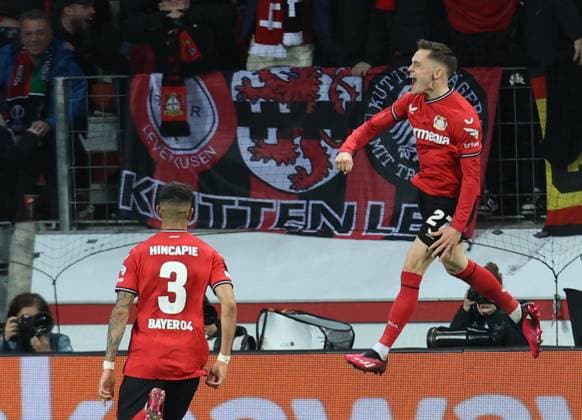 Florian Wirtz (Bayer04) jubelt nach seinem Treffer zum 1-1, UEFA Europa League, Leverkusen, Deutschland, 13.04.2023, Europa League, Viertelfinale, Hinspiel, Bayer 04 Leverkusen vs Union Saint-Gilloise.