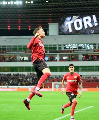 Jubel Florian WIRTZ (LEV) nach seinem Tor zum 1:1, Fussball Europa League, Viertelfinale Hinspiel, Bayer 04 Leverkusen (LEV) - Union Saint-Gilloise (USG) 1:1, am 13.04.2023 in Leverkusen Deutschland. UEFA regulations prohibit any use of photographs as image sequences and or quasi-video Â