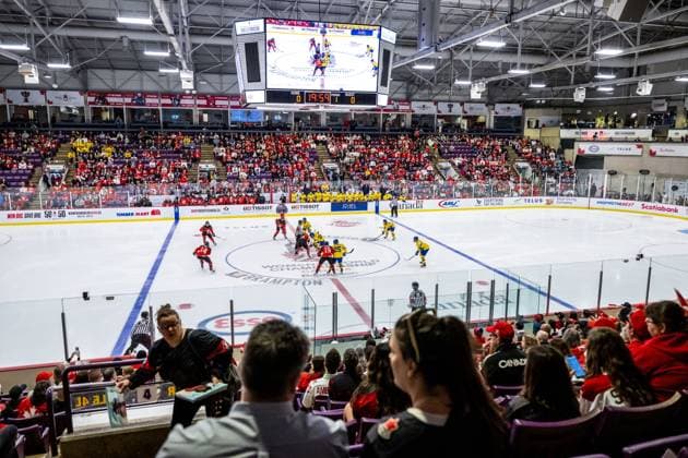 230413 General view of CAA Centre during the 2023 IIHF Women s World Championship, WM, Weltmeisterschaft quarterfinal game between Canada and Sweden on April 13, 2023 in Brampton. Photo: Mathilda Ahlberg BILDBYRAN kod MA MA0459 ishockey Ice hockey, Eishockey vm dam 2023 iihf womens world championship dam vm ishockey vm kanada sverige women canada sweden bbeng interiör Copyright: MATHILDAxAHLBERG BB230413MA145