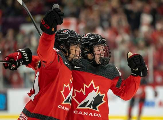 April 13, 2023, BRAMPTON, ON, CANADA: Canada forward Sarah Nurse (20) and forward Sarah Fillier (10) celebrate Nurse s game winning overtime goal against Sweden in quarterfinal IIHF Womens World Hockey Championship hockey action in Brampton, Ont., Thursday, April 13, 2023. Canada News - April 13, 2023  - ZUMAc35_ 20230413_zaf_c35_199 Copyright: xFrankxGunnx