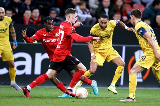 WIRTZ Florian Team Bayer 04 Leverkusenmit FRIMPONG Jeremie UEFA Europa League Saison 2022 - 2023 Viertelfinale Spiel Bayer 04 Leverkusen - Union Saint Gilloise 1 : 1 am 13. 04. 2023 in Leverkusen DFL REGULATIONS PROHIBIT ANY USE OF PHOTOGRAPHS as IMAGE SEQUENCES and or QUASI-VIDEO Copyright: xLacixPerenyix