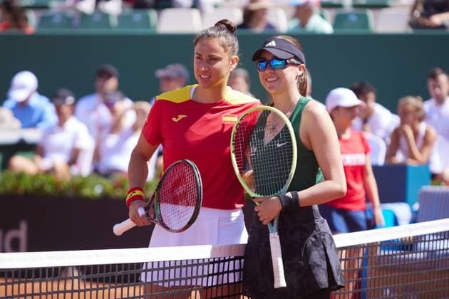 Sport Bilder des Tages April 14, 2023, MALAGA, MALAGA, SPAIN: Sara Sorribes of Spain and Fernanda Contreras of Mexico, poses during Billie Jean King Cup, tennis match played between Spain and Mexico at Puente Romano on April 14, 2023, in Malaga, Spain. MALAGA SPAIN - ZUMAa181 20230414_zaa_a181_001 Copyright: xJoaquinxCorcherox