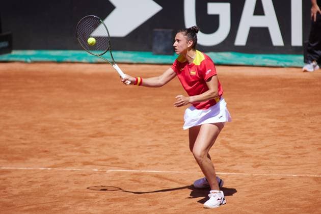 April 14, 2023, MALAGA, MALAGA, SPAIN: Sara Sorribes of Spain in action during Billie Jean King Cup, tennis match played between Spain and Mexico at Puente Romano on April 14, 2023, in Malaga, Spain. MALAGA SPAIN - ZUMAa181 20230414_zaa_a181_015 Copyright: xJoaquinxCorcherox