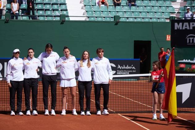 April 14, 2023, MALAGA, MALAGA, SPAIN: Formation of Spain during Billie Jean King Cup, tennis match played between Spain and Mexico at Puente Romano on April 14, 2023, in Malaga, Spain. MALAGA SPAIN - ZUMAa181 20230414_zaa_a181_017 Copyright: xJoaquinxCorcherox