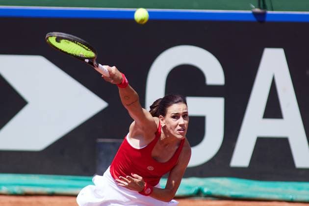 April 14, 2023, MALAGA, MALAGA, SPAIN: Nuria Parrizas of Spain in action during Billie Jean King Cup, tennis match played between Spain and Mexico at Puente Romano on April 14, 2023, in Malaga, Spain. MALAGA SPAIN - ZUMAa181 20230414_zaa_a181_025 Copyright: xJoaquinxCorcherox