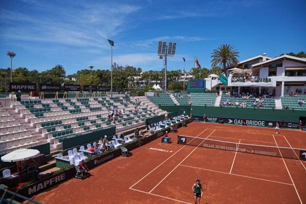 April 14, 2023, MALAGA, MALAGA, SPAIN: Detail of court during Billie Jean King Cup, tennis match played between Spain and Mexico at Puente Romano on April 14, 2023, in Malaga, Spain. MALAGA SPAIN - ZUMAa181 20230414_zaa_a181_035 Copyright: xJoaquinxCorcherox
