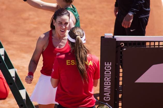 April 14, 2023, MALAGA, MALAGA, SPAIN: Nuria Parrizas of Spain celebrate of victory during Billie Jean King Cup, tennis match played between Spain and Mexico at Puente Romano on April 14, 2023, in Malaga, Spain. MALAGA SPAIN - ZUMAa181 20230414_zaa_a181_040 Copyright: xJoaquinxCorcherox