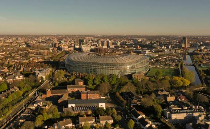 Ireland And UK Euro 2028 Top view of the Aviva Stadium on a sunny morning in Dublin. Ireland, Saturday, April 15, 2023. The UK and Ireland have submitted their final bid to jointly host Euro 2028. Matches would take place in England at Wembley, Villa Park, Everton Stadium, Tottenham Hotspur Stadium, Etihad Stadium and St James Park, in Dublin at the Aviva Stadium, in Belfast at Casement Park, in Glasgow at Hampden Park and Cardiff s Principality Stadium. Dublin Ireland Copyright: xDanilxShamkinx originalFilename:shamkin-notitle230415_npFR0.jpg