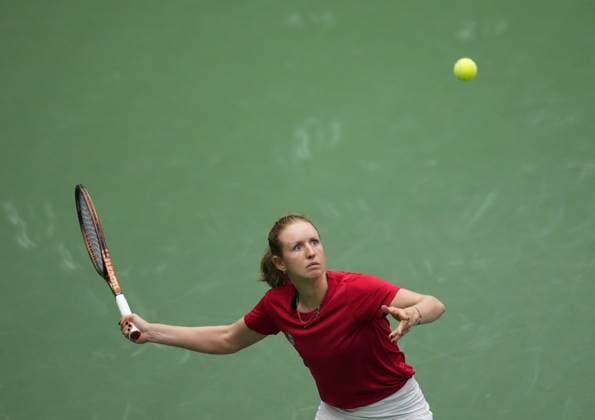April 15, 2023, VANCOUVER, BC, CANADA: Canada s Katherine Sebov returns to Belgium s Greet Minnen during a Billie Jean King Cup qualifiers singles match, in Vancouver, on Saturday, April 15, 2023. Canada News - April 15, 2023  - ZUMAc35_ 20230415_zaf_c35_138 Copyright: xDarrylxDyckx