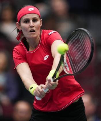 April 15, 2023, VANCOUVER, BC, CANADA: Belgium s Greet Minnen returns to Canada s Katherine Sebov during a Billie Jean King Cup qualifiers singles match, in Vancouver, on Saturday, April 15, 2023. Canada News - April 15, 2023  - ZUMAc35_ 20230415_zaf_c35_181 Copyright: xDarrylxDyckx