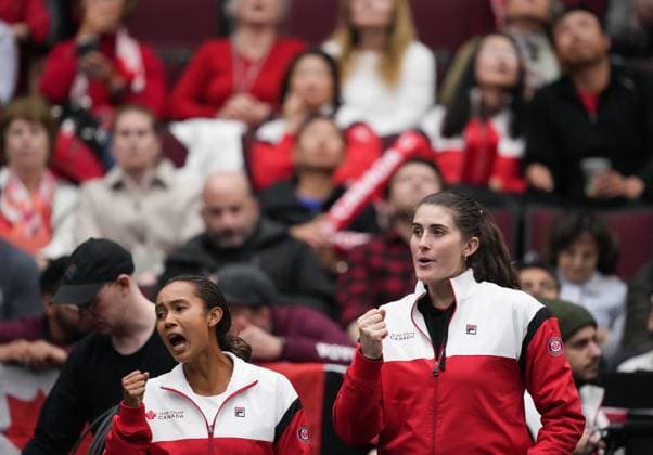 April 15, 2023, VANCOUVER, BC, CANADA: Canada s Leylah Fernandez, left, and Rebecca Marino cheer on teammate Katherine Sebov as she plays Belgium s Greet Minnen during a Billie Jean King Cup qualifiers singles match, in Vancouver, on Saturday, April 15, 2023. Canada News - April 15, 2023 - ZUMAc35_ 20230415_zaf_c35_184 Copyright: xDarrylxDyckx