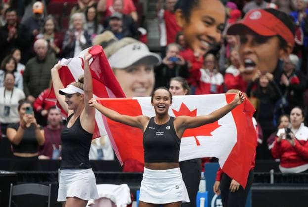 April 15, 2023, VANCOUVER, BC, CANADA: Canada s Leylah Fernandez, front right, and Gabriela Dabrowski celebrate after defeating Belgium s Kirsten Flipkens and Greet Minnen during a Billie Jean King Cup qualifiers doubles match, in Vancouver, on Saturday, April 15, 2023. Canada won three of the five matches to win the qualifying tie and advance to the 2023 Billie Jean King Cup finals. Canada News - April 15, 2023 - ZUMAc35_ 20230415_zaf_c35_196 Copyright: xDarrylxDyckx