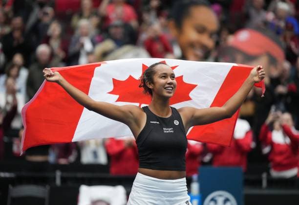April 15, 2023, VANCOUVER, BC, CANADA: Canada s Leylah Fernandez celebrates after she and Gabriela Dabrowski defeated Belgium s Kirsten Flipkens and Greet Minnen during a Billie Jean King Cup qualifiers doubles match, in Vancouver, on Saturday, April 15, 2023. Canada won three of the five matches to win the qualifying tie and advance to the 2023 Billie Jean King Cup finals. Canada News - April 15, 2023  - ZUMAc35_ 20230415_zaf_c35_203 Copyright: xDarrylxDyckx