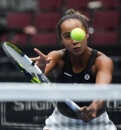 April 15, 2023, VANCOUVER, BC, CANADA: Canada s Leylah Fernandez returns as she and Gabriela Dabrowski play Belgium s Kirsten Flipkens and Greet Minnen during a Billie Jean King Cup qualifiers doubles match, in Vancouver, on Saturday, April 15, 2023. Canada News - April 15, 2023  - ZUMAc35_ 20230415_zaf_c35_217 Copyright: xDarrylxDyckx