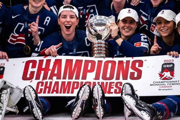 230416 Players of USA celebrate winning the 2023 IIHF Women s World Championship, WM, Weltmeisterschaft final between Canada and USA on April 16, 2023 in Brampton. Photo: Mathilda Ahlberg BILDBYRAN kod MA MA0464 ishockey Ice hockey, Eishockey vm dam 2023 iihf womens world championship dam vm ishockey vm canada usa women bbeng kanada jubel Copyright: MATHILDAxAHLBERG BB230416MA204