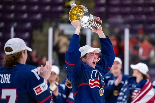 230416 Players of USA celebrate winning the 2023 IIHF Women s World Championship, WM, Weltmeisterschaft final between Canada and USA on April 16, 2023 in Brampton. Photo: Mathilda Ahlberg BILDBYRAN kod MA MA0464 ishockey Ice hockey, Eishockey vm dam 2023 iihf womens world championship dam vm ishockey vm canada usa women bbeng kanada jubel Copyright: MATHILDAxAHLBERG BB230416MA220