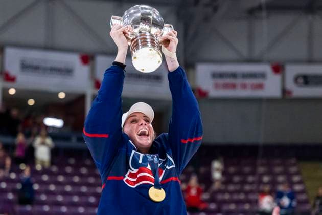 230416 Player of USA celebrates winning the 2023 IIHF Women s World Championship, WM, Weltmeisterschaft final between Canada and USA on April 16, 2023 in Brampton. Photo: Mathilda Ahlberg BILDBYRAN kod MA MA0464 ishockey Ice hockey, Eishockey vm dam 2023 iihf womens world championship dam vm ishockey vm canada usa women bbeng kanada jubel Copyright: MATHILDAxAHLBERG BB230416MA229