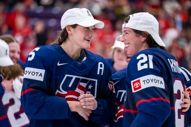 230416 Megan Keller and Joy Dunne of USA celebrate after winning the 2023 IIHF Women s World Championship, WM, Weltmeisterschaft final between Canada and USA on April 16, 2023 in Brampton. Photo: Mathilda Ahlberg BILDBYRAN kod MA MA0464 ishockey Ice hockey, Eishockey vm dam 2023 iihf womens world championship dam vm ishockey vm canada usa women bbeng kanada jubel Copyright: MATHILDAxAHLBERG BB230416MA239