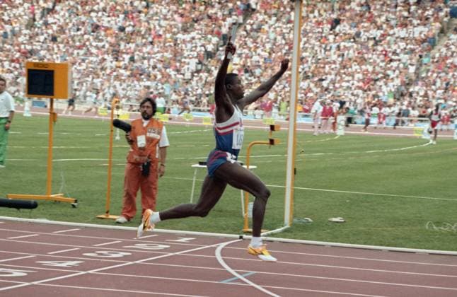 SPAIN. August 8, 1992. American sprinters Mike Marsh, Dennis Mitchell, Leroy Burrell and Carl Lewis are the Olympic Champions in 4x100m relay. Carl Lewis (the last fourth stage) is pictured on the finish line. Valery Zufarov TASS  16940320