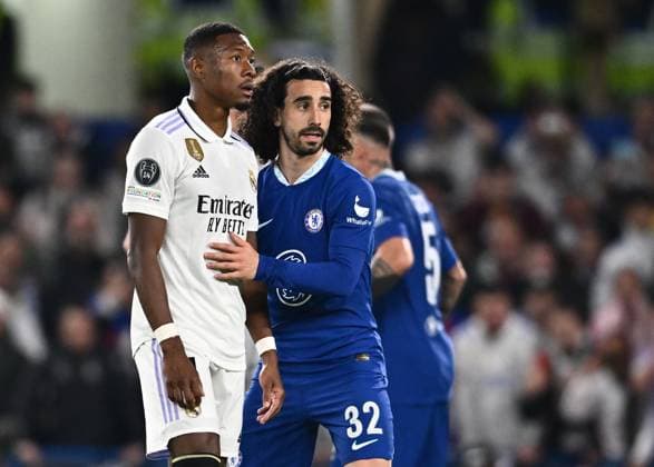 England, London -18 April 2023 - David Alaba of Real Madrid and Marc Cucurella of Chelsea during the UEFA Champions League quarter-final 2nd leg match between Chelsea FC and Real Madrid at Stamford Bridge stadium. photo Sebastian Frej Chelsea FC v Real Madrid - UEFA Champions League Copyright: xSebastianxFrejx