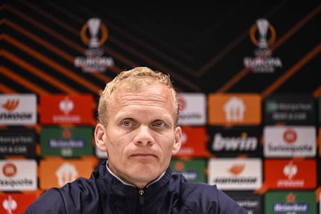 Union s head coach Karel Geraerts pictured during a press conference, PK, Pressekonferenz of Belgian soccer team Royale Union Saint-Gilloise, Wednesday 19 April 2023 in Anderlecht stadium. Union is preparing for tomorrow s game against German Bayer 04 Leverkusen, the return leg of the quarterfinals of the UEFA Europa League competition. First leg ended on a draw 1-1 result. LAURIExDIEFFEMBACQ  x65343824x