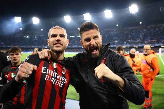 Foto Alessandro Garofalo LaPresse 18 aprile 2023 Napoli, Italia calcio Napoli vs Milan - Champions League 2022 2023 - Stadio Diego Armando Maradona Nella foto: Theo Hernandez (A.C. Milan); Olivier Giroud (A.C. Milan); esultanza April 18, 2023 Naples, Italy sport soccer Napoli vs Milan - Champions League 2022 2023 - Diego Armando Maradona stadium. In the pic: Theo Hernandez (A.C. Milan); Olivier Giroud (A.C. Milan); celebrates  Copyright: xAlessandroxGarofalo LaPressex