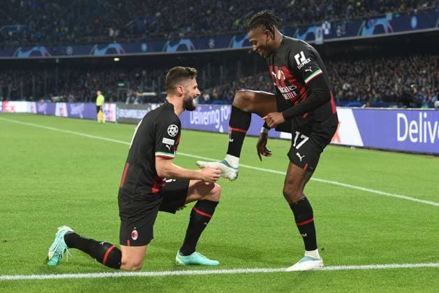 Rafael Leao and Olivier Giroud of AC Milan celebrate after 0-1 during the Uefa Champions League match between SSC Napoli and AC Milan at Stadio Diego Armando Maradona Naples Italy on 18 April 2023. Naples Stadio Diego Armando Maradona Naples Italy Copyright: xFrancoxRomanox SP24-618-135