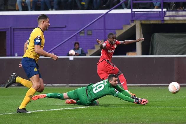 Fußball Europa League Viertelfinale Union Saint-Gilloise - Bayer 04 Leverkusen am 20.04.2023 Lotto-Park in Anderlecht Torschuss Tor zum 0:1 durch Moussa Diaby ( Leverkusen )