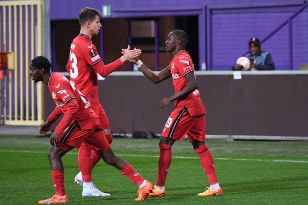 Fußball Europa League Viertelfinale Union Saint-Gilloise - Bayer 04 Leverkusen am 20.04.2023 Lotto-Park in Anderlecht Torjubel Jubel Tor zum 0:1 durch Moussa Diaby ( Leverkusen )