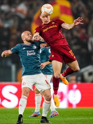 UEFA Europa League quarter final: AS Roma v Feyenoord Rome - Gernot Trauner of Feyenoord, Andrea Belotti of AS Roma during the match between AS Roma v Feyenoord at Stadio Olympico on 20 April 2023 in Rome, Italy. Copyright: xTomxBodex