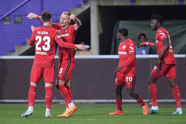 Fußball Europa League Viertelfinale Union Saint-Gilloise - Bayer 04 Leverkusen am 20.04.2023 Lotto-Park in Anderlecht Torjubel Jubel Tor zum 0:2 durch Mitchel Bakker ( Leverkusen )