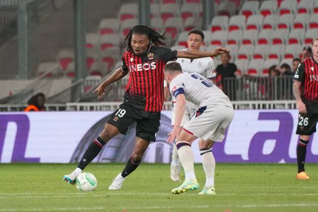 Khephren Thuram (OGC Nice) - Taulant Xhaka (FC Bale) FOOTBALL : OGC Nice vs FC Bale - Quart de finale retour de Ligue Europa ConfÃ rence - Nice - 20 04 2023 NorbertScanella Panoramic 