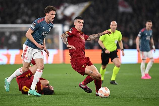 football Europa League match - Quarter Finals - Roma vs Feyenoord Gianluca Mancini of AS Roma during the UEFA Europa League match between AS Roma and Feyenoord at Stadio Olimpico on April 20, 2023 in Rome, Italy. Rome Olimpico Stadium Italy Copyright: xGennaroxMasix xLiveMediax LPS_907019
