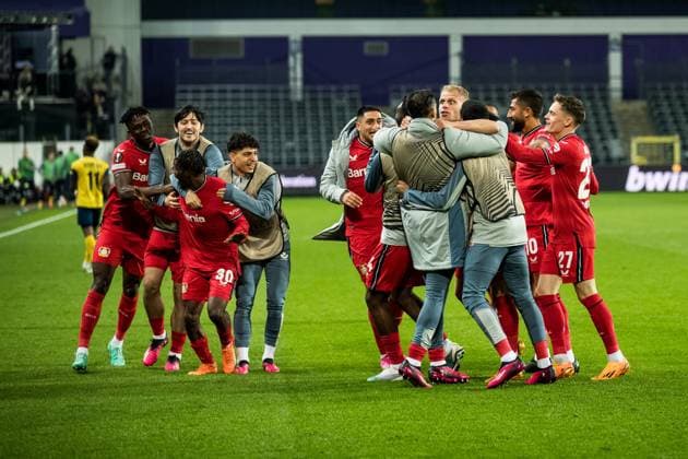 UEFA Europa League Viertelfinale: Royale Union Saint Gilloise - Bayer 04 Leverkusen Jubel zum 0:3 durch Jeremie Frimpong (Bayer 04 Leverkusen, 30) UEFA Europa League Viertelfinale: Royale Union Saint Gilloise - Bayer 04 Leverkusen, Bruessel, Anderlecht Stadium Copyright: xBEAUTIFULxSPORTS Wunderlx